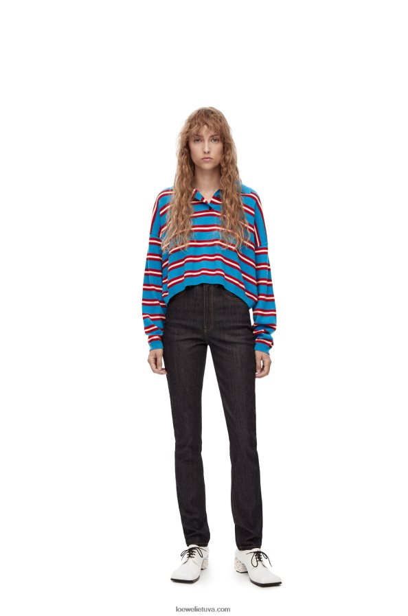 Loewe moterys Dryžuotas vilnos megztinis su polo apykakle mėlyna/raudona BZ26XN988