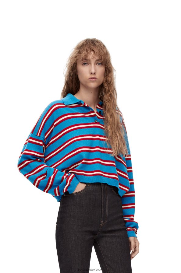 Loewe moterys Dryžuotas vilnos megztinis su polo apykakle mėlyna/raudona BZ26XN988