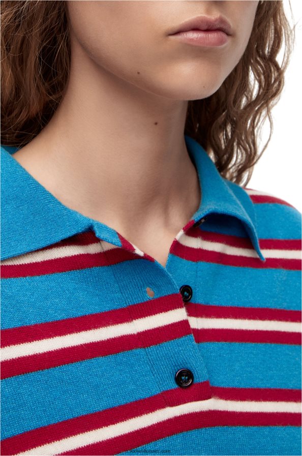 Loewe moterys Dryžuotas vilnos megztinis su polo apykakle mėlyna/raudona BZ26XN988