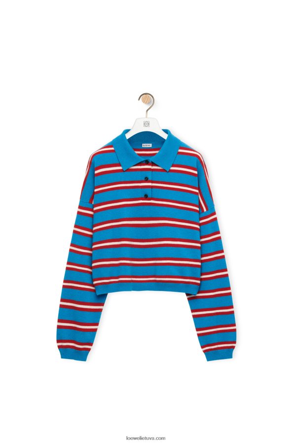 Loewe moterys Dryžuotas vilnos megztinis su polo apykakle mėlyna/raudona BZ26XN988