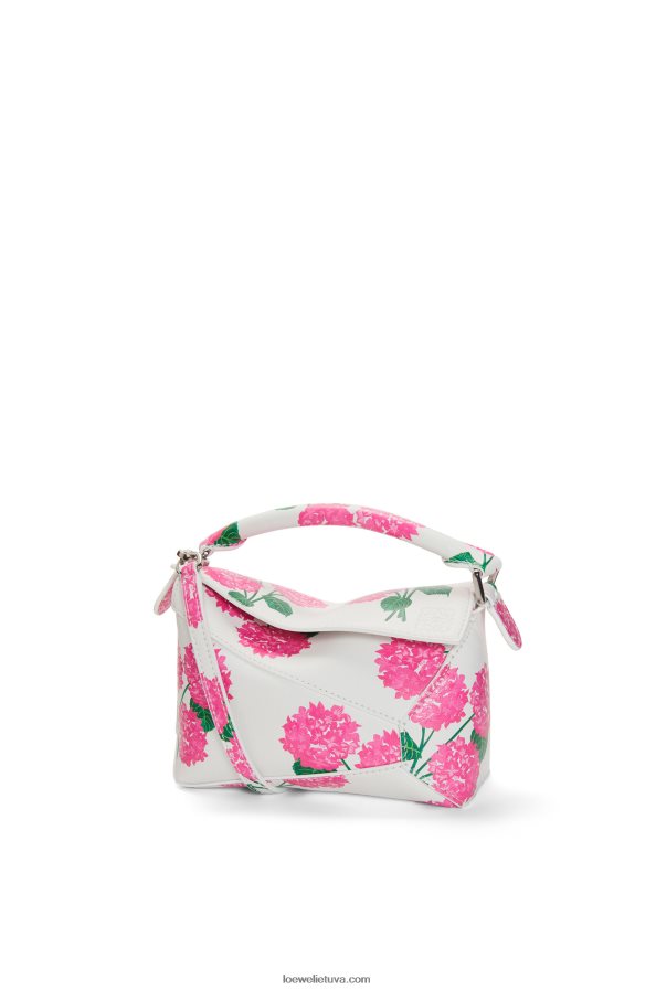 Loewe moterys mini gėlių dėlionės krašto maišelis iš satino veršio odos balta/rožinė BZ26XN235