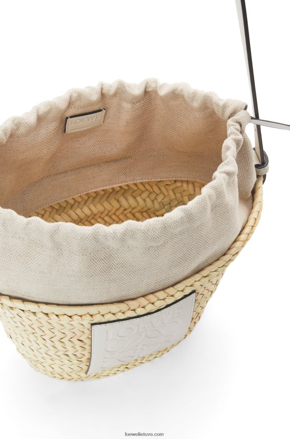 Loewe moterys sutraukiamas kibiro maišelis iš palmių lapų ir veršiuko odos natūralus/baltas BZ26XN23