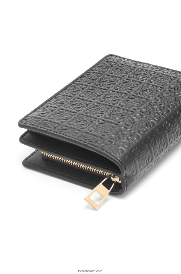 Loewe moterys Pakartotinė kompaktiška piniginė su užtrauktuku iš reljefinės šilkinės veršio odos juodas BZ26XN1275